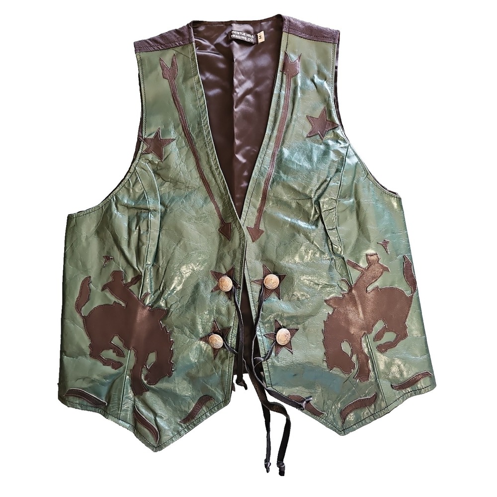 Thistle Hills Leather Vest Men's M Handmade Montana Green Bronc Buffalo Button